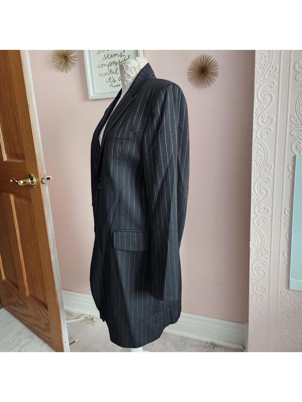 GRIFFIN Melbourne Black Pinstripe Long Wool Blazer Metallic Thread M L - Picture 2 of 9